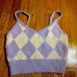 nwot LA Hearts purple and pink fuzzy af argyle crop top, sz x small